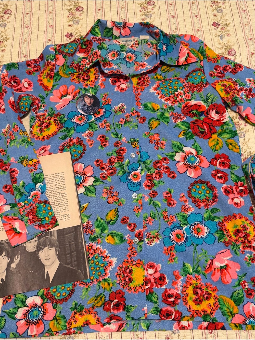 True Vintage 70s Miss Holly Floral Tunic Blouse Belted Made in Japan M S/M VTG